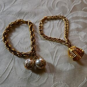Vintage Signed Celebrity Gold Tone Pearl Drop and Behive Chain Bracelets